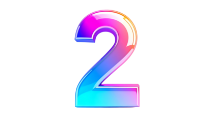 A vibrant, glossy digit 2 rendered in a gradient of blues, pinks, and oranges against a stark black backdrop. Its appearance is luminous and three-dimensional