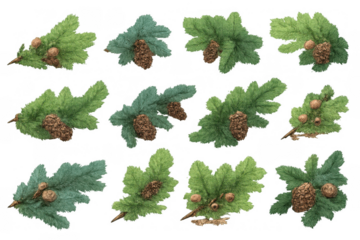 Various green conifer branches featuring pine cones and needles, providing a versatile holiday decoration and nature theme