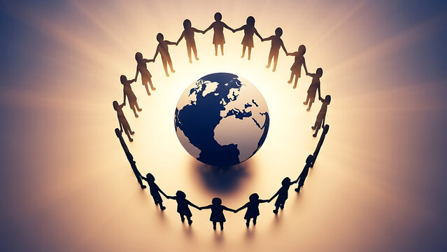 Silhouettes of people holding hands in a circle around a glowing globe, symbolizing global unity and interconnectedness.