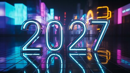 Year 2027 futuristic city technology concept with digital neon lights
