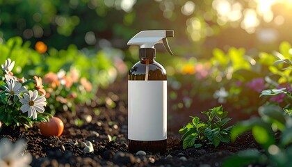 Brown spray bottle with blank label in garden setting.