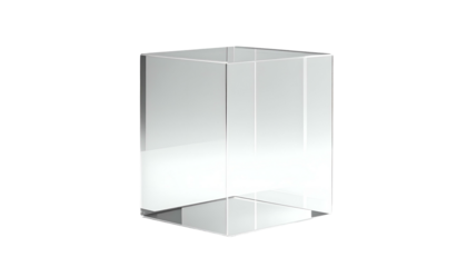 A translucent, geometric cube, rendered in a sleek, minimalist style, floats against a stark black background. It appears to be made of glass