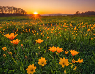 Fototapeta premium A Colorful spring sunrise in the meadow. sunrise in the field.