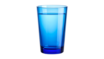 A tall, transparent glass filled with clear, blue-tinted liquid, against a stark black background. Simple and clean