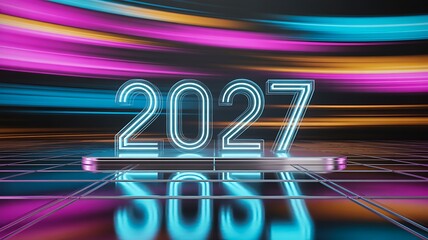 Future year 2027 digital technology concept with neon light design

