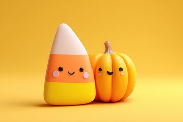 Cartoonish Halloween Candy Corn and Pumpkin with Smiling Faces and Yellow Background