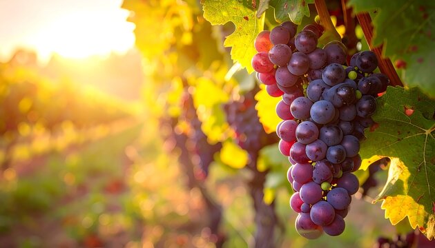 Close-up of ripe red grapes hanging from a vine at sunset. - Powered by Adobe