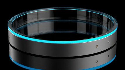 Circular Metal Structure with Blue Neon Accent Lighting on Black Background Creates Futuristic and Industrial Atmosphere with Shiny Reflective Surface