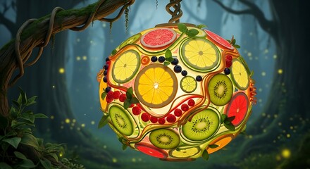 Decorative fruit orb displayed outdoors in forest setting with glowing light