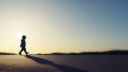 Obraz premium A small child's silhouette walks across a vast, open landscape at sunrise or sunset, casting a long shadow.