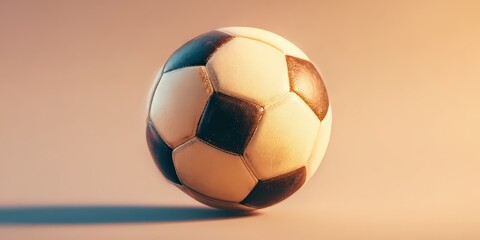 Classic Soccer Ball Isolated on a Soft Beige Background with Dramatic Shadows and Warm Lighting for Sport and Recreation Themes