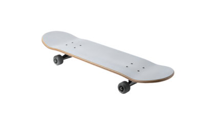 A skateboard, top side painted white, angled slightly towards the camera, sitting on a solid black background. Deck shows natural wood on the sides