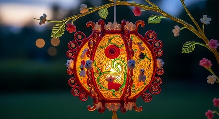 Decorative illuminated lantern hanging from a branch against a blurred background