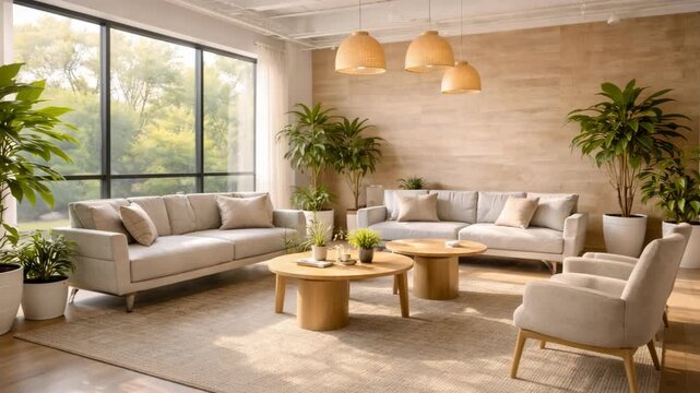 Bright neutral living room with sofas wooden tables and large plants
