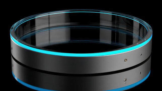 Circular Metal Structure with Blue Neon Accent Lighting on Black Background Creates Futuristic and Industrial Atmosphere with Shiny Reflective Surface