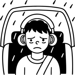 Teenage boy feeling sad and lonely in a car during rain with a monochrome background