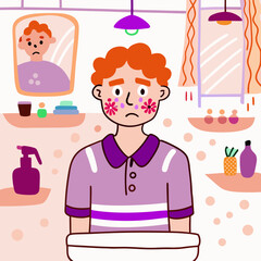 Awkward teenage boy feeling shy while sitting at a beauty salon with a colorful background