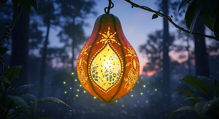 Decorative illuminated lantern hanging in a forest with bokeh lights at night