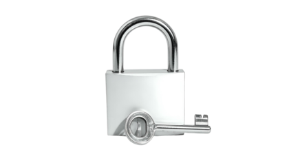 A shiny silver padlock with a key resting next to it, set against a stark black background. It is a 3D rendered image