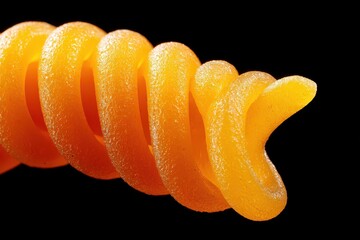 Close Up of Orange Fusilli Pasta Against a Black Background Macro Shot