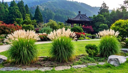 Serene Japanese Garden with Lush Greenery and Traditional Pavilion.