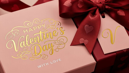 A beautifully wrapped Valentine's Day gift box with a red bow and golden lettering