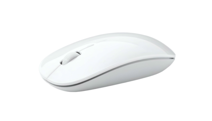 A pristine white ergonomic computer mouse, illuminated against a stark black backdrop. It shows the scroll wheel and sleek design