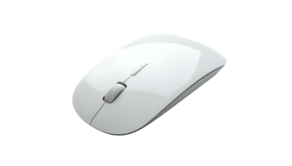 A modern wireless pointing device, sleek and white, with a scroll wheel and two buttons, resting on a black background