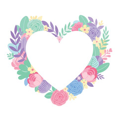A heart-shaped floral wreath with colorful flowers and leaves on a white background