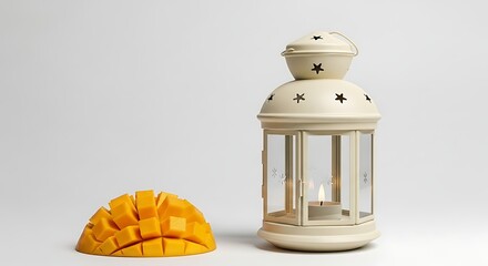 Decorative lantern and sliced mango against a plain white background