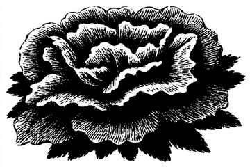 Detailed Black And White Etching Of A Blooming Rose With Intricate Petal Details And Subtle Leaf Texture