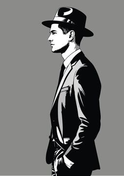 049-24-Sharp dressed man in fedora and suit, creating a noir comic book illustration