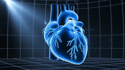 3D illustration of a human heart with visible arteries and veins, highlighting the circulatory system on a grid background, representing health and medicine