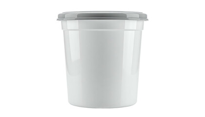 A cylindrical, white container with a gray lid, viewed head-on against a solid black backdrop. Smooth surfaces and simple design