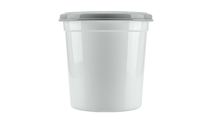 A cylindrical, white container with a gray lid, viewed head-on against a solid black backdrop. Smooth surfaces and simple design