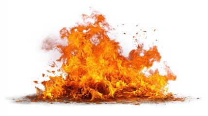 Dramatic Isolated Fiery Flames Pile Against A Clean White Backdrop Featuring Intense Orange Hues Rising From Charcoal Embers Casting Dynamic Shadows For Visual Impact