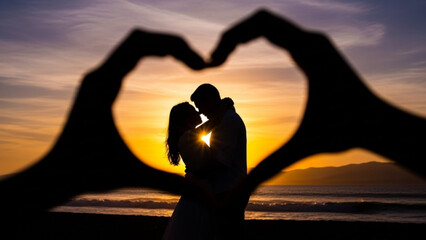 A romantic couple kisses at sunset with hands forming a heart shape