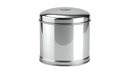 A cylindrical, silver-colored container with a lid. The container has a reflective surface and appears to be made of metal. It's set against a black background