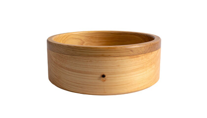 A cylindrical wooden bowl with a light-colored, natural finish stands against a stark black background, highlighting its form