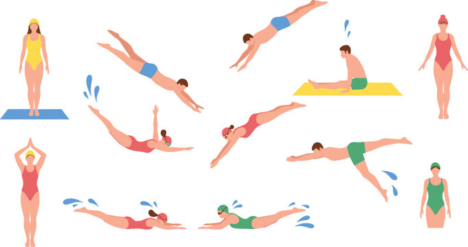 Swimming and Diving Sport Activities Set with Male and Female Athletes Vector Illustration