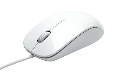 A close-up studio shot showcases a sleek, white computer mouse against a stark black backdrop, cable trailing