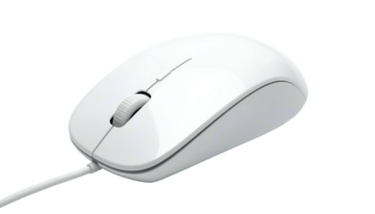 A close-up studio shot showcases a sleek, white computer mouse against a stark black backdrop, cable trailing