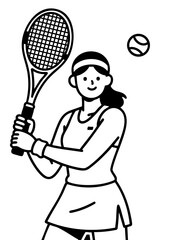 A linear vector drawing of a smiling female padel athlete in sportswear ready to strike the ball with her racket