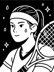 Smiling young woman playing padel or tennis, sweating while holding her racket in a bold black and white doodle vector illustration