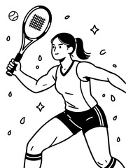 Dynamic black and white vector illustration of an athletic woman playing padel, lunging forward to strike the ball during a high-energy match