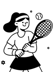 Simple black and white vector illustration depicting a female padel player ready to hit the ball, capturing the joy of racquet sports and competition