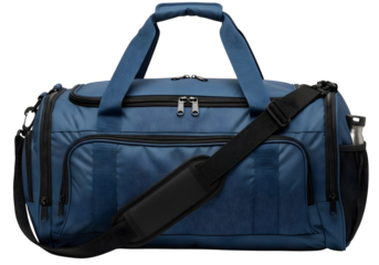 Blue duffel bag with black strap and handles on transparent background