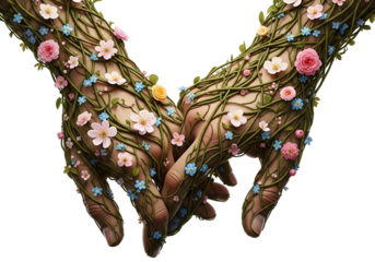 Hands covered in vines and flowers holding each other isolated on transparent background