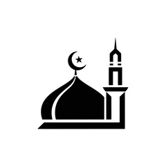Obraz premium Simple black and white illustration of a mosque with a dome and minaret.