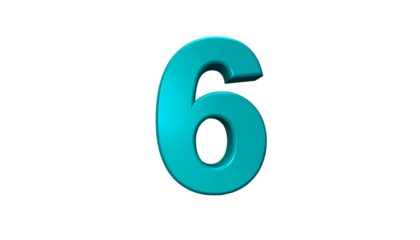 A 3D rendered, teal-colored numeral "6" on a stark black background. It appears to be floating with subtle shading adding depth